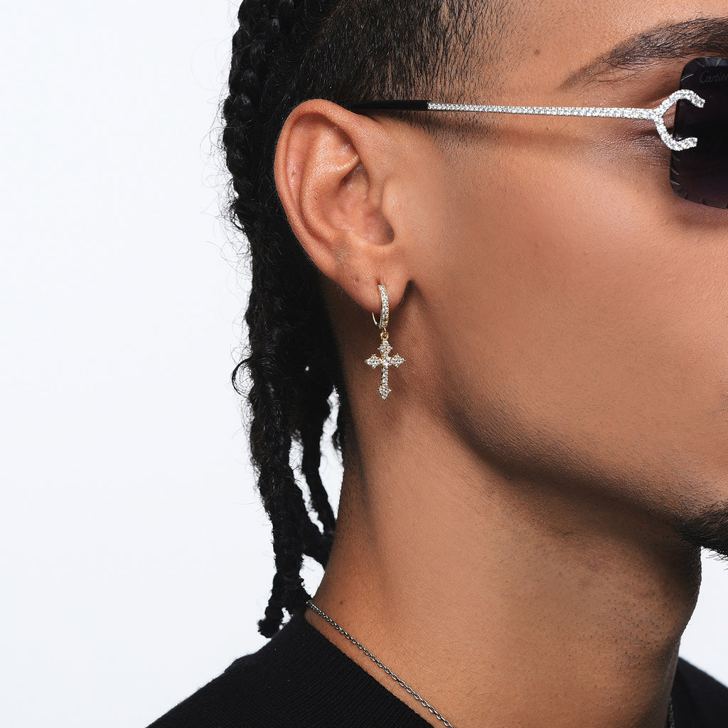Iced Out Cross Hoop Dangle Earrings