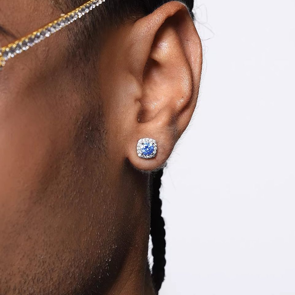 Iced Out Square Blue CZ Stud Earrings