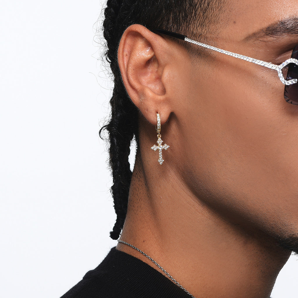 Iced Out Cross Hoop Dangle Earrings