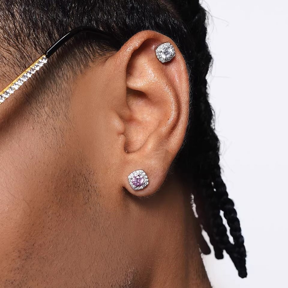 Iced Out Square Blue CZ Stud Earrings